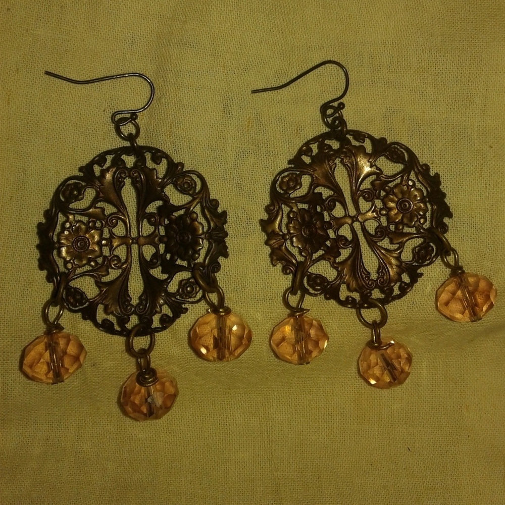 Australian Crystal Fish Hook Earrings, Peach Crystal & Bronze Metal